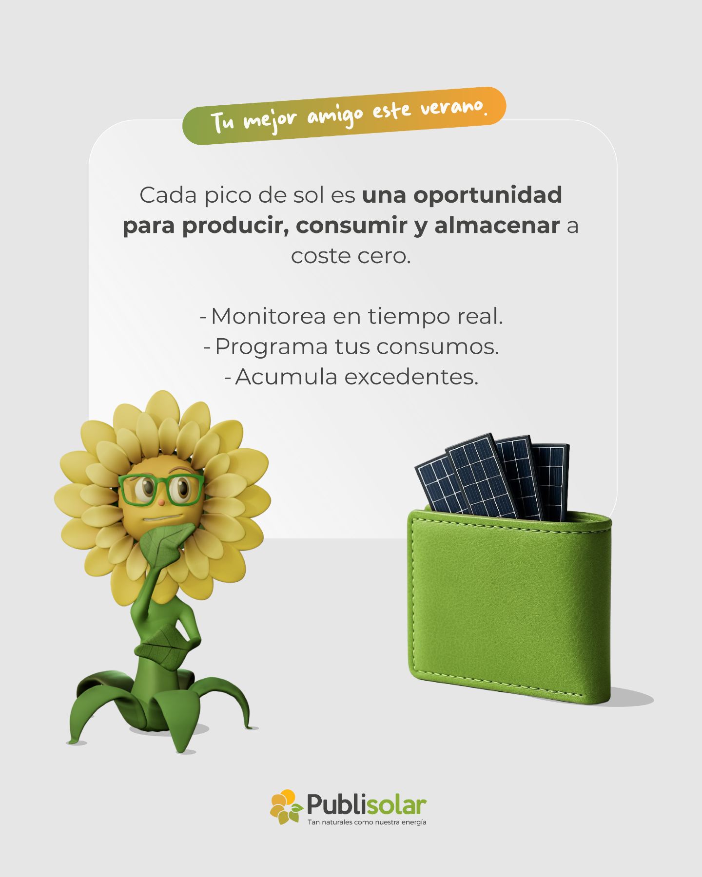 Tú nuevo aliado. 🤝📉

Cuando las temperaturas suben y el aire acondicionado se vuelve imprescindible, tu mejor amigo no es el ventilador... es tu instalación de Publisolar.

SOLE se ha colgado de la App de monitoreo para recordarte que las horas de máxima radiación son tu mayor activo financiero este mes. Cada pico de sol es una oportunidad para producir, consumir y almacenar a coste cero. ⚡🔋

Monitorea en tiempo real: Revisa los picos de producción desde tu móvil.
Programa tus consumos: Activa los sistemas de climatización en las horas centrales del día.
Acumula excedentes: Deja que las baterías guarden el sol para la noche.

No le tengas miedo a la temporada alta de calor. Con una estrategia inteligente, tu tejado trabaja para ti mientras tú disfrutas de las vacaciones. 😎⛱️

🔗 ¿Quieres ver cómo rinde una instalación real en julio? Haz clic en el link de nuestra bio.