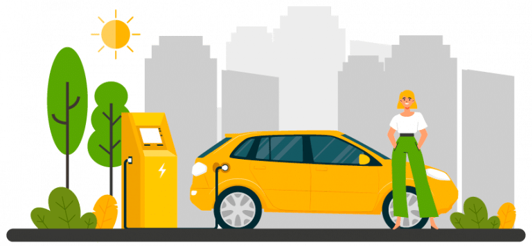 Infografía cargador de vehículos eléctricos con un vehículo recargando