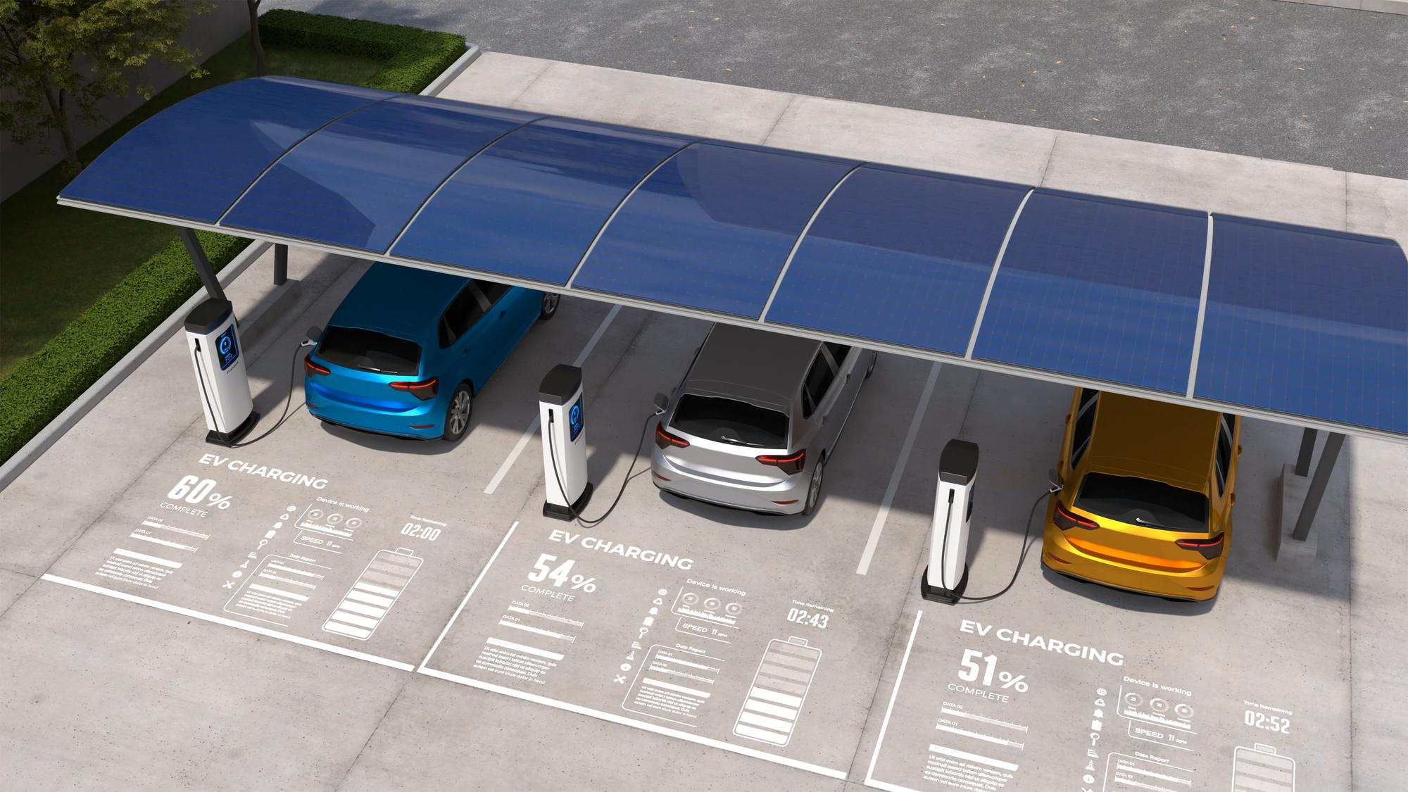 Pérgola con paneles solares que sirve para cargar vehículos eléctricos.
