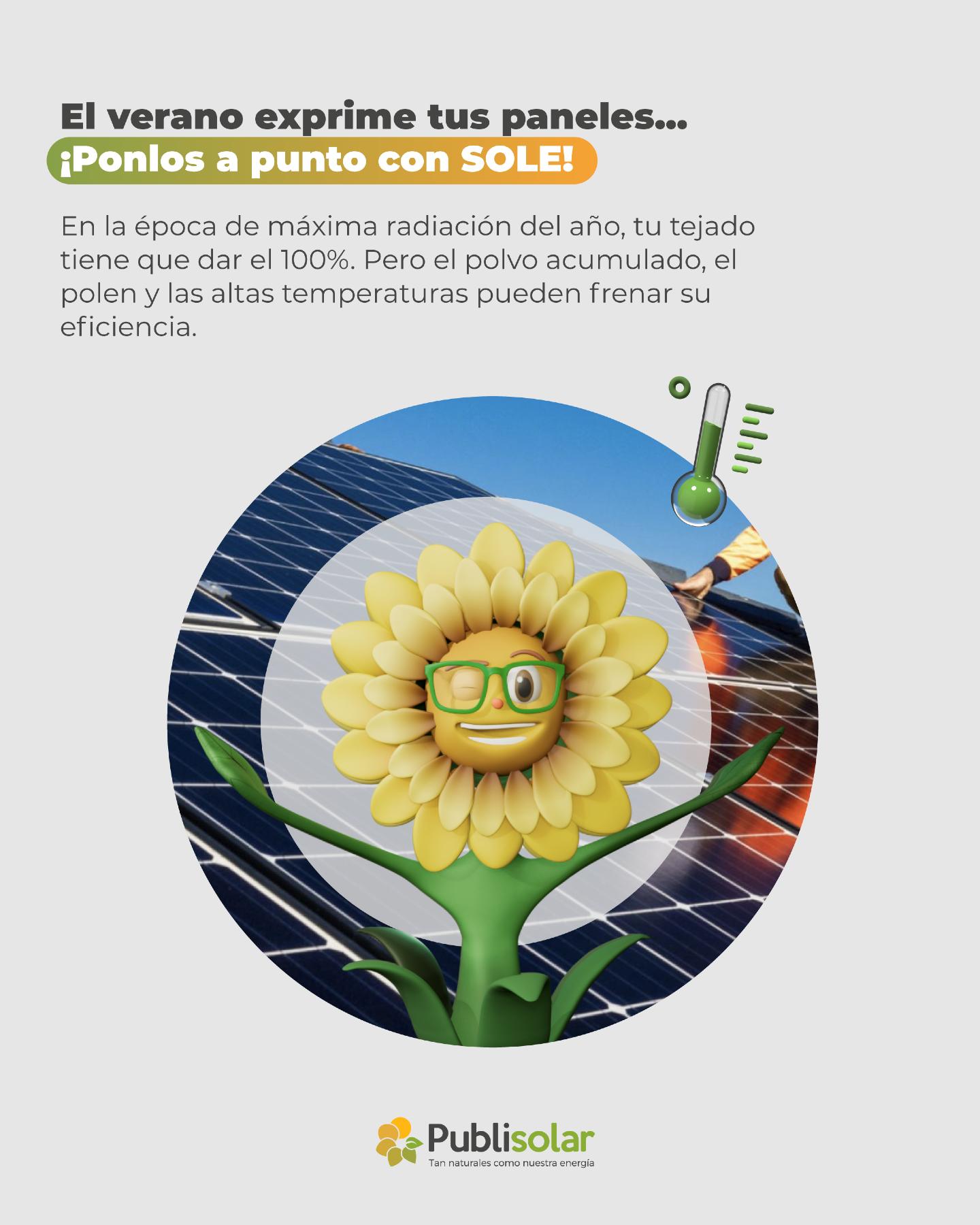 El verano exprime tus paneles... ¡Ponlos a punto con SOLE! ☀️🧼

Con la época de máxima radiación del año, tu tejado tiene que dar el 100%. Pero el polvo acumulado, el polen y las altas temperaturas veraniegas pueden frenar la eficiencia de tus placas sin que te des cuenta. 📉

SOLE se ha puesto el traje de faena y nos recuerda que un mantenimiento a tiempo no es un gasto: es blindar tu inversión. 🛡️⚡

Con el servicio técnico de Publisolar, nos aseguramos de que todo esté impecable:

✅ Limpieza profesional para una captación total.
✅ Revisión de conexiones y rendimiento térmico.
✅ Optimización para evitar pérdidas por calor.

No dejes que la suciedad dilate tu ahorro ni el ROI de tu empresa. Deja que el sol trabaje gratis y a pleno rendimiento. 🔋💼

#Publisolar #AlmacenamientoInteligente #BateríasDeLitio #IndependenciaEnergética #ModoOFF #Ahorro24Horas #LaEnergíaQueNosUne